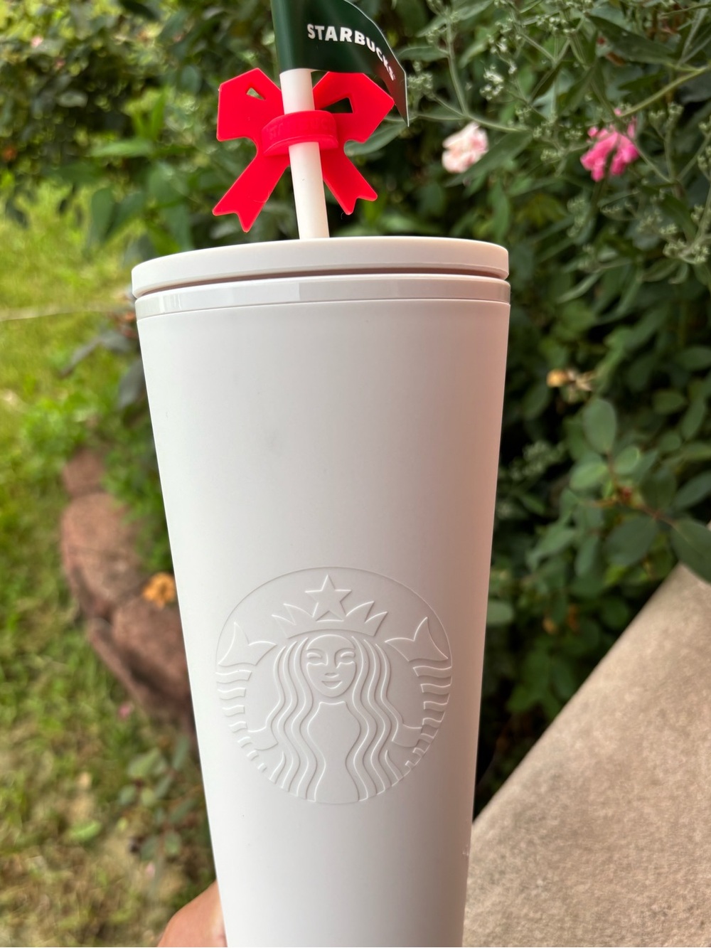 Starbucks White Tumbler with Red Bow